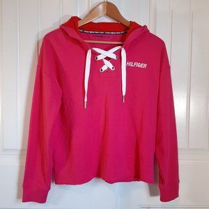 TOMMY HILFIGER SPORT Hot Pink & Red Lace Up Detail Hoodie